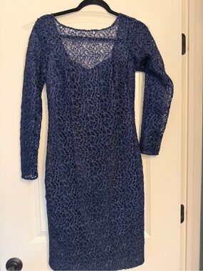 Badgley Mischka Navy Open-Knit Long Sleeve Sheath Dress